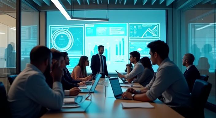 Business professionals collaborating with technology in modern workspace